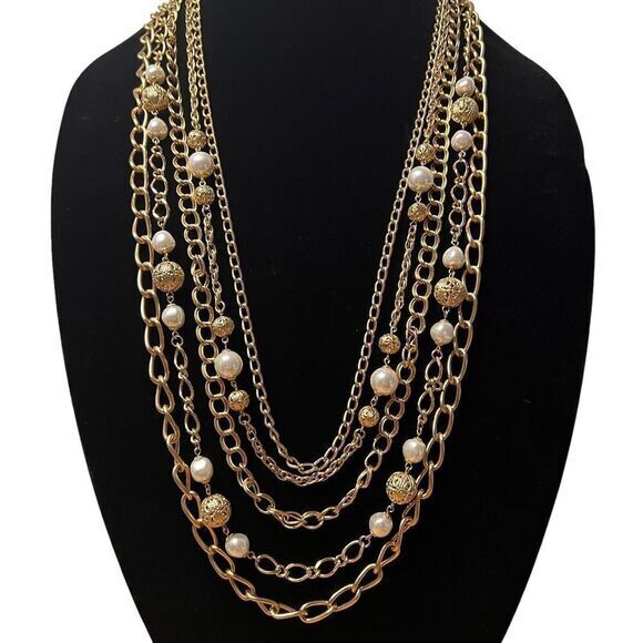 Gold-Tone Faux Pearl Bead Multi Chain Statement Necklace 34.5 in 5 Strand - Picture 3 of 16